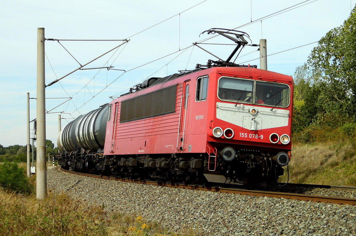 Am 11.09.2018 kam die 155 078-9 von der  LEG - Leipziger Eisenbahnverkehrsgesellschaft mbH, aus Richtung Wittenberge und fuhr weiter nach Stendal .