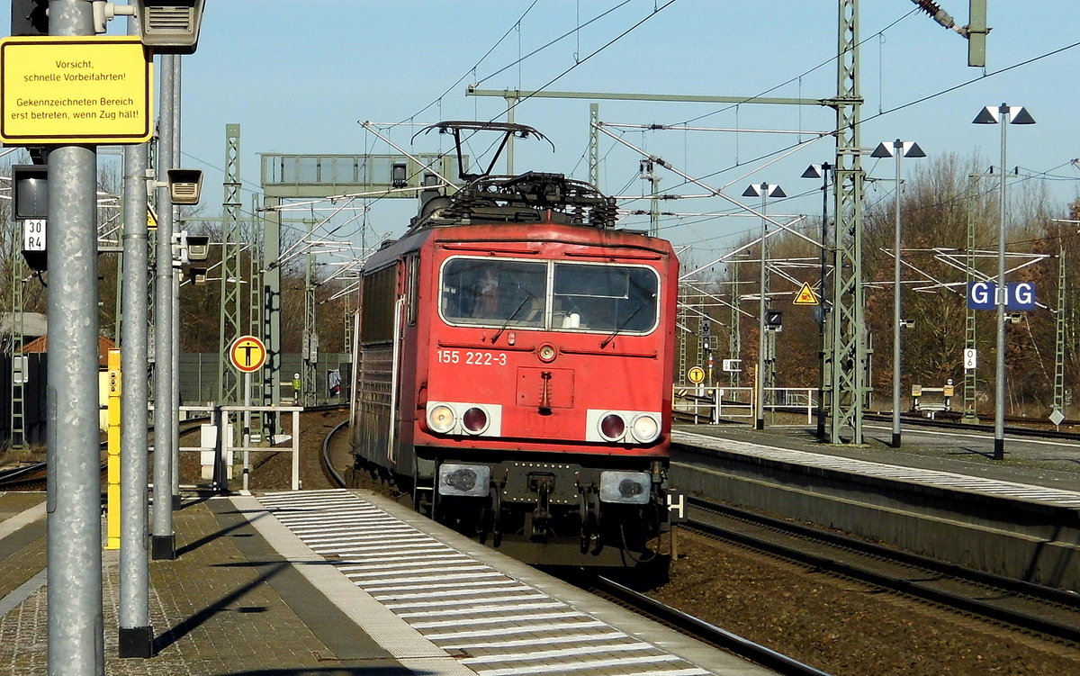 Am 15.02.2019 kam die 155 222-3 von der  WFL - Wedler Franz Logistik GmbH & Co. KG, Potsdam,  aus Richtung Hamburg  nach Wittenberge und fuhr weiter in Richtung Berlin.
